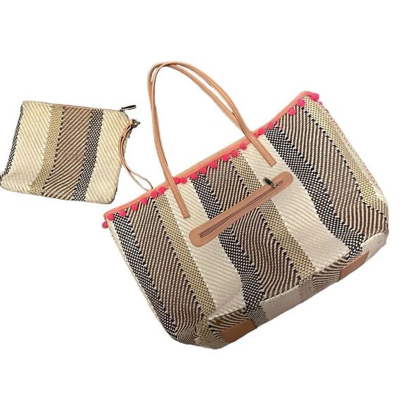 Sondra Roberts Handbags - Sondra Roberts Squared Two Piece Woven Pom Pom Tote Bag